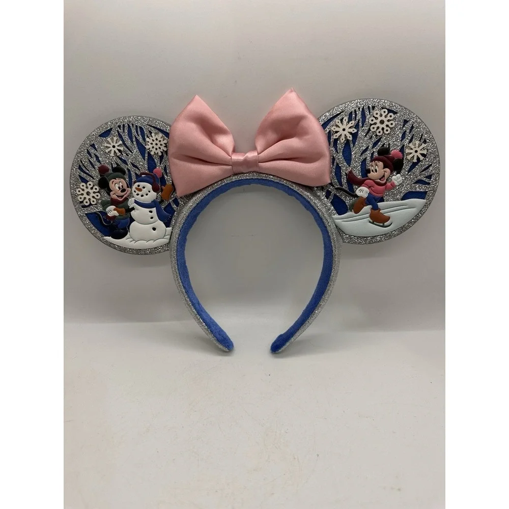 Disney Parks 2023 Christmas Mickey Minnie Snowman Glitter Ear Headband‎ Pink Bow